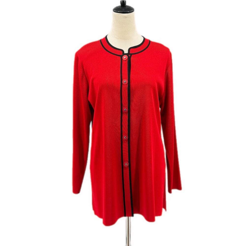 Exclusively Misook Red & Black Trim Button-Up Mandarin Collar Long Knit Cardigan